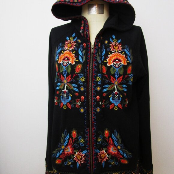 Black Hoodie Full Zip Embroidery Boho Kangaroo Pocket - Picture 3 of 12